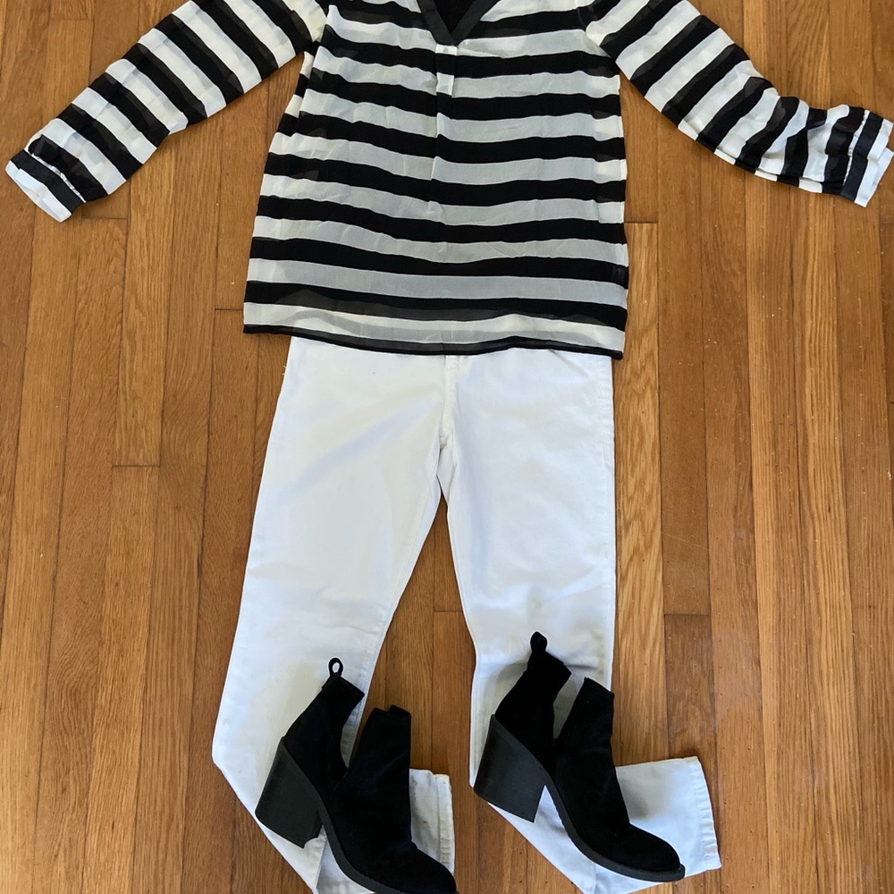 Joe’s Jeans and brooks brothers shirt.